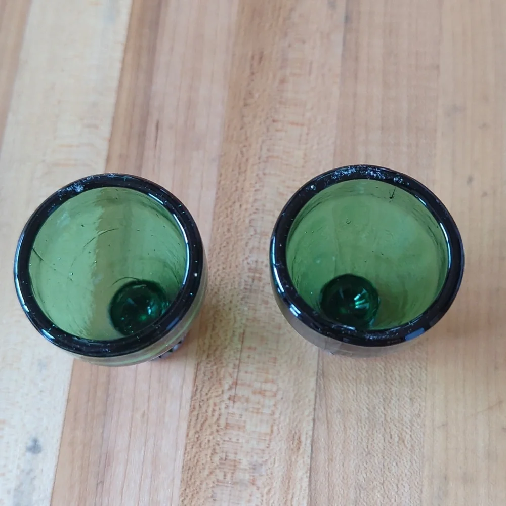 Shot glasses, set of two vintage green bottle top shot glasses